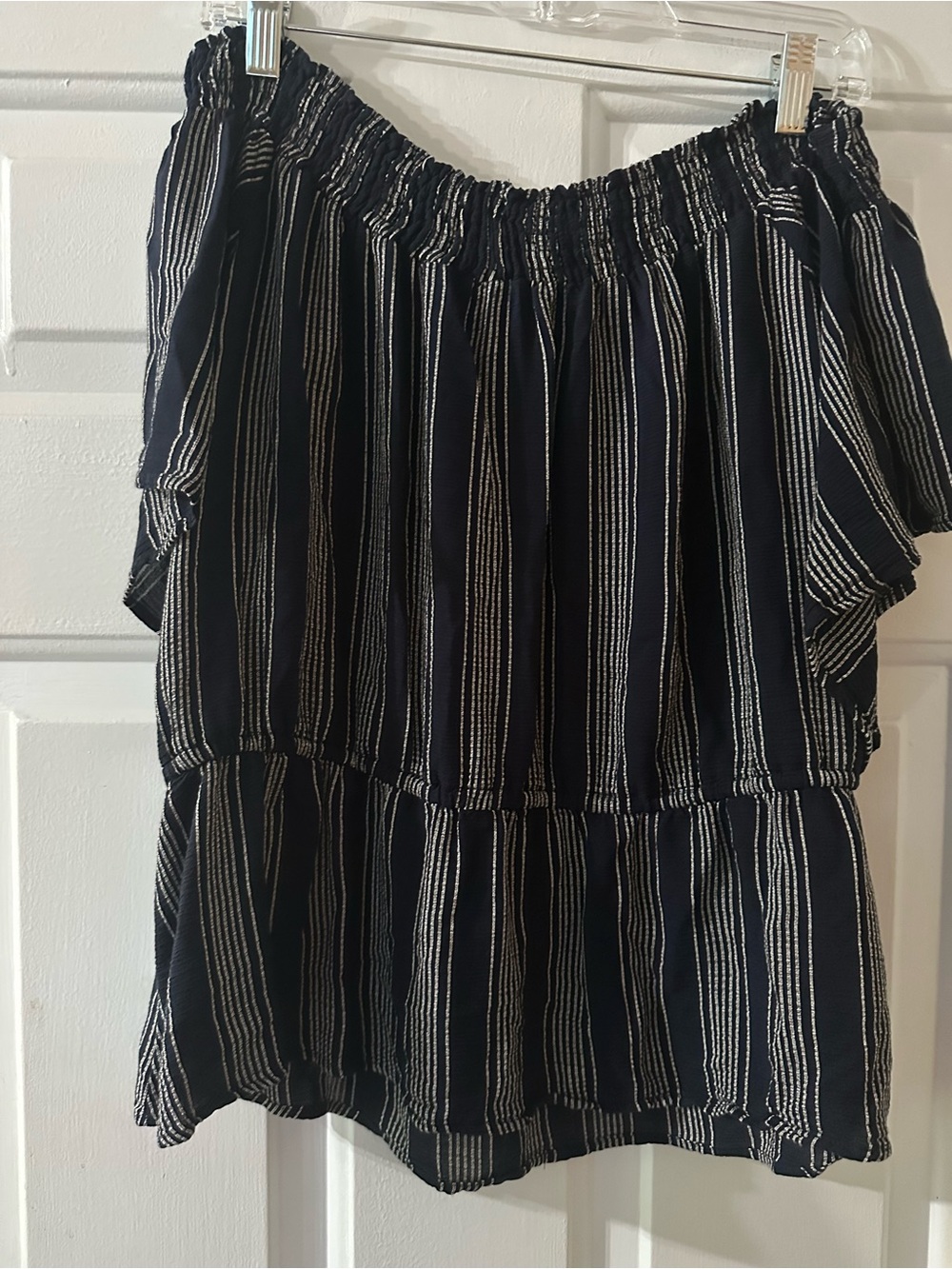 Abercrombie navy blue off‎ shoulder peplum top white stripe size medium. - Picture 12 of 13